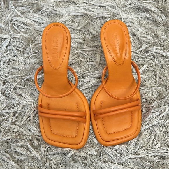 NWOB Schutz Agatha Leather Square Toe High Heel Sandals in Bright Tangerine Sz 6 - Picture 5 of 10